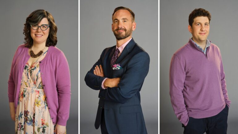 Jeopardy! Masters contestants (from left) Victoria Groce, Brad Rutter, and Matt Amodio