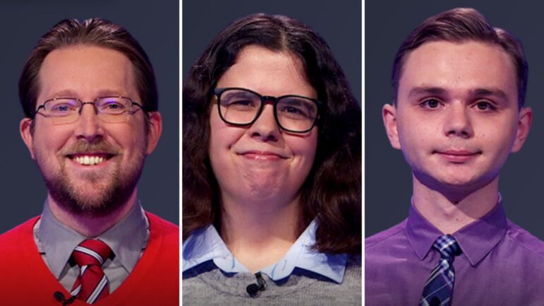 Jeopardy! players (from left) Steve Hoying, Rachael Gray, and Liam Starnes, on April 18, 2025