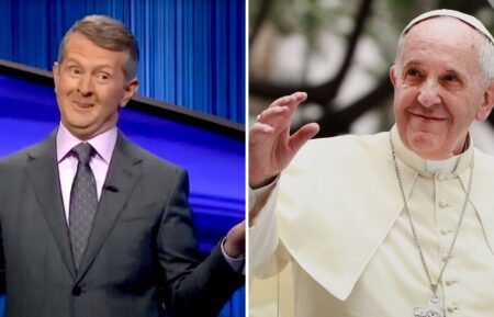 (Left) Ken Jennings on the set of Jeopardy! (right) Pope Francis waving to a crowd