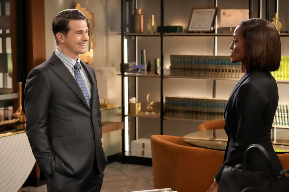 Jason Ritter as Julian and Skye P. Marshall as Olympia in the 'Matlock' Season 1 Episode 17, 'Tricks of the Trade – Part 1'