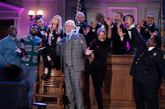 Gary Anthony Williams as Flobert, Nyambi Nyambi as Wyatt, Melissa Rauch as Abby Stone, John Larroquette as Dan Fielding, Wendie Malick as Julianne Walters, Lacretta as Gurgs in 'Night Court' Season 3 Episode 14 - 'A Little Night Court Music'