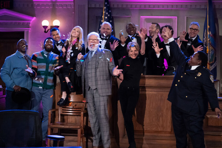 Gary Anthony Williams as Flobert, Nyambi Nyambi as Wyatt, Melissa Rauch as Abby Stone, John Larroquette as Dan Fielding, Wendie Malick as Julianne Walters, Lacretta as Gurgs in 'Night Court' Season 3 Episode 14 - 'A Little Night Court Music'