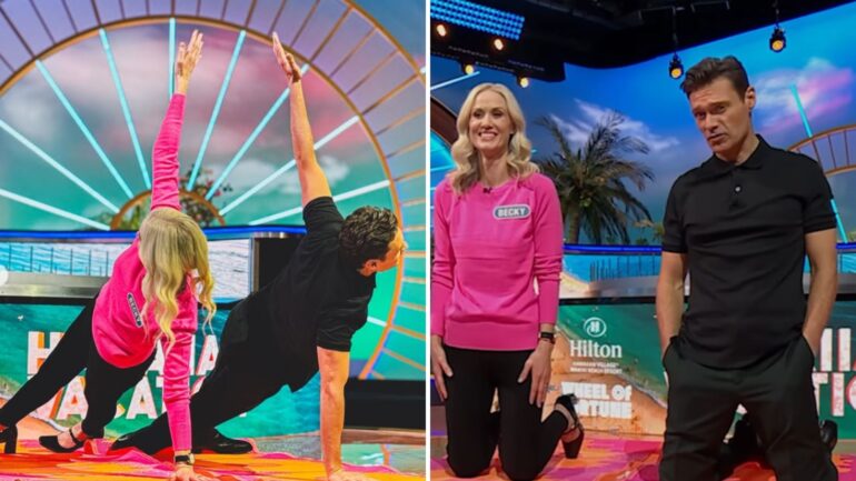 Ryan Seacrest and Wheel of Fortune contestant Becky planking on set