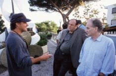 Timothy Van Patten (director), James Gandolfini, David Chase (creator/writer), on set on Sopranos