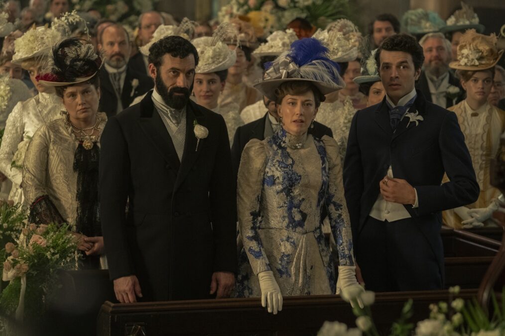 Merritt Wever, Morgan Spector, Carrie Coon, and Harry Richardson in 'The Gilded Age' Season 3