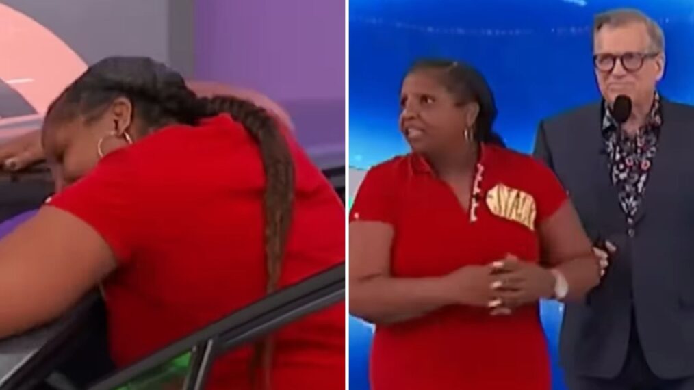 The Price is Right contestant Stacy hugging the car shw won on April 14, 2025
