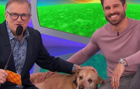 Drew Carey and James O'Halloran on The Price Is Right with dog Rod, who is up for adoption