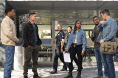Deric Augustine as Miles, Eric Winter as Tim, Mekia Cox as Nyla, Arjay Smith as James, and Nathan Fillion as Nolan — 'The Rookie' Season 7 Episode 14 'Mad About Murder'