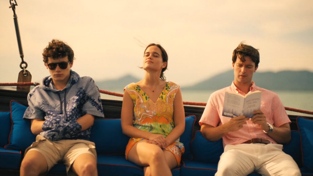 Sam Nivola, Sarah Catherine Hook, and Patrick Schwarzenegger in 'The White Lotus' Season 3