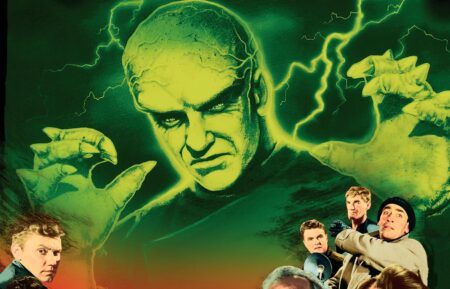 THE THING FROM ANOTHER WORLD, (aka THE THING), top center: James Arness, left from top: James Young, Dewey Martin, Kenneth Tobey, right from top: John Dierkes, James Young, Robert Cornthwaite, Margaret Sheridan on poster art, 1951.