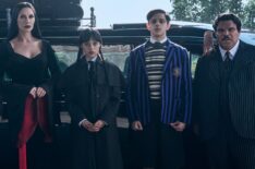 Catherine Zeta-Jones, Jenna Ortega, Isaac Ordonez, and Luis Guzmán in Wednesday