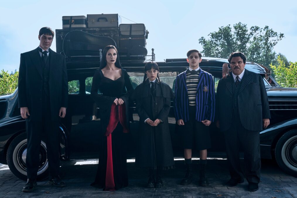 Joonas Suotamo, Catherine Zeta-Jones, Jenna Ortega, Isaac Ordonez, and Luis Guzman in 'Wednesday' Season 2