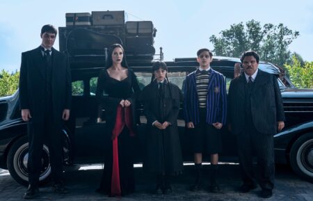 Joonas Suotamo, Catherine Zeta-Jones, Jenna Ortega, Isaac Ordonez, and Luis Guzman in 'Wednesday' Season 2