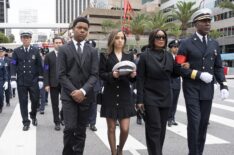 Brian Thompson as Gerrard, Ryan Guzman as Eddie, Elijah M. Cooper as Harry, Corinne Massiah as May, Angela Bassett as Athena, and Richard Brooks as Simpson — '9-1-1' Season 8 Episode 16 'The Last Alarm'