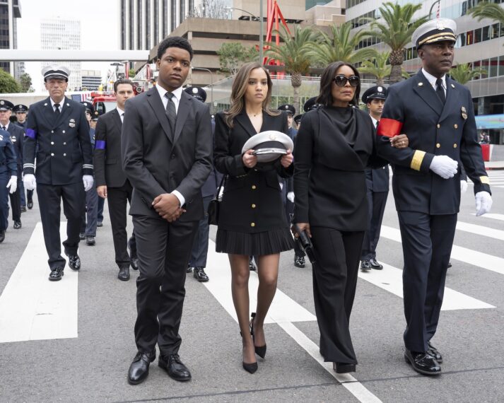 Brian Thompson as Gerrard, Ryan Guzman as Eddie, Elijah M. Cooper as Harry, Corinne Massiah as May, Angela Bassett as Athena, and Richard Brooks as Simpson — '9-1-1' Season 8 Episode 16 "The Last Alarm"