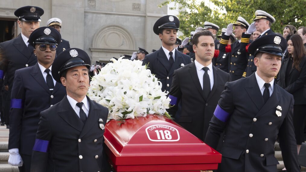 Lou Ferrigno Jr. as Tommy, Aisha Hinds as Hen, Kenneth Choi as Chimney, Anirudh Pisharody as Ravi, Ryan Guzman as Eddie, and Oliver Stark as Buck — '9-1-1' Season 8 Episode 16 'The Last Alarm'