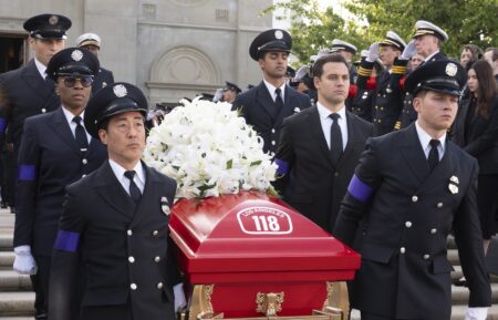 Lou Ferrigno Jr. as Tommy, Aisha Hinds as Hen, Kenneth Choi as Chimney, Anirudh Pisharody as Ravi, Ryan Guzman as Eddie, and Oliver Stark as Buck — '9-1-1' Season 8 Episode 16 