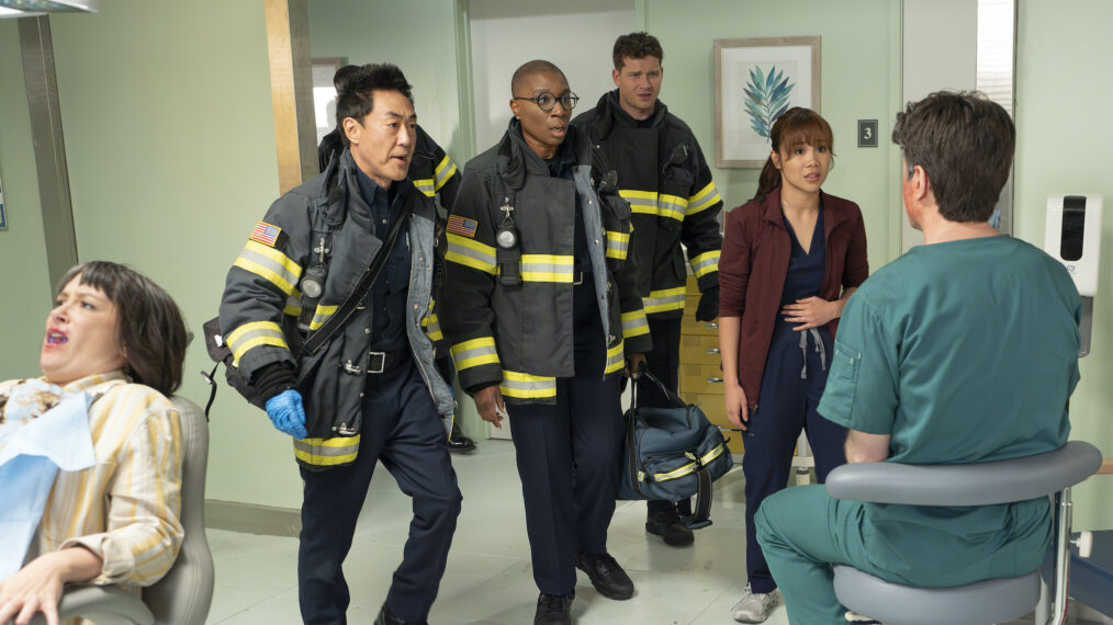 Kenneth Choi as Chimney, Aisha Hinds as Hen, and Oliver Stark as Buck — '9-1-1' Season 8 Episode 17 