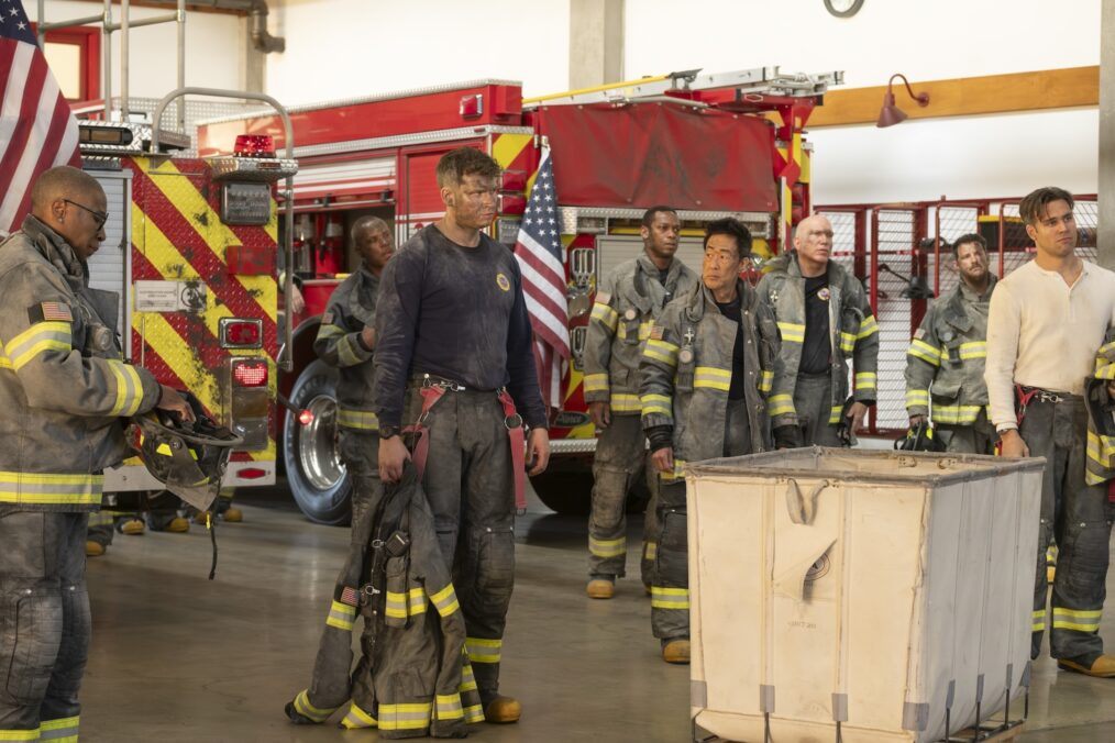Aisha Hinds as Hen, Oliver Stark as Buck, Kenneth Choi as Chimney, and Ryan Guzman as Eddie — '9-1-1' Season 8 Finale 