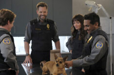 Michael Rowland, Joel McHale, Grace Palmer and Ravi Patel in the Animal Control “Retrievers & Fruit Bats' episode