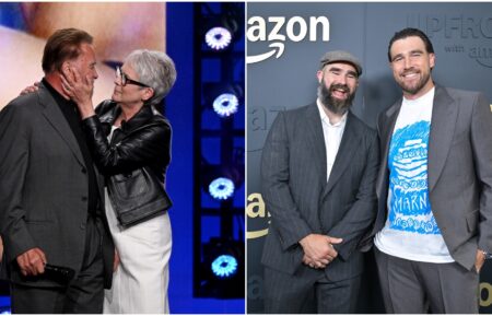 Arnold Schwarzenegger and Jamie Lee Curtis True Lies Reunion and Jason and Travis Kelce at Amazon Upfronts Presentation
