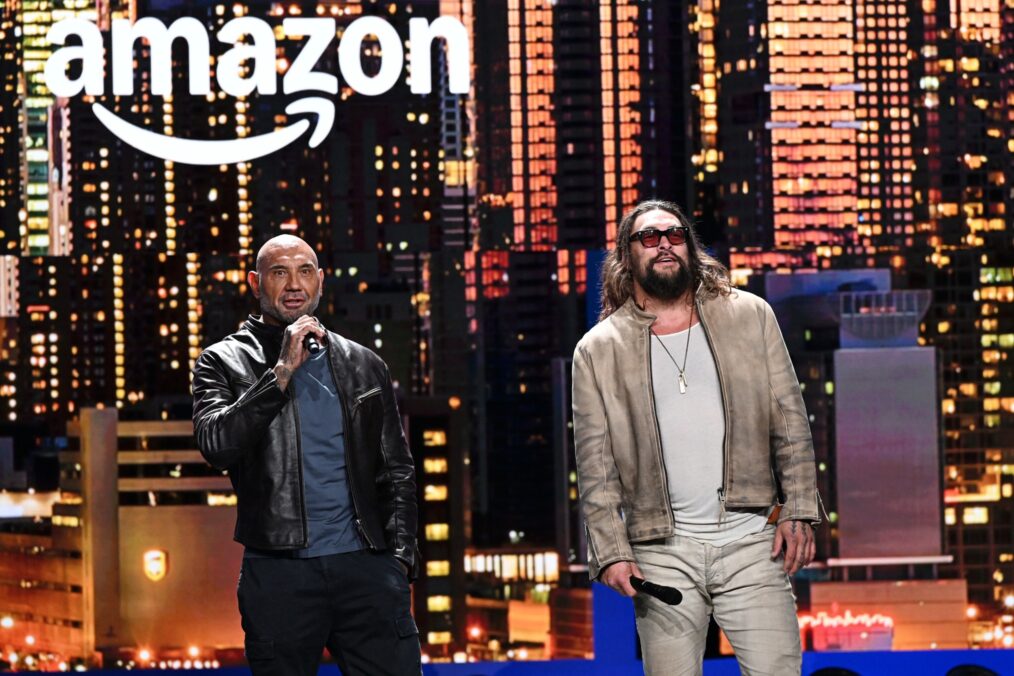 Dave Bautista and Jason Momoa onstage during Amazon's Upfront 2025 Presentation at Beacon Theatre on May 12, 2025 in New York City. (Photo by Slaven Vlasic/Getty Images for Amazon)