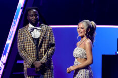 Shaboozey and Megan Moroney speak onstage during the 2025 American Music Awards at BleauLive Theater at Fontainebleau Las Vegas on May 26, 2025 in Las Vegas