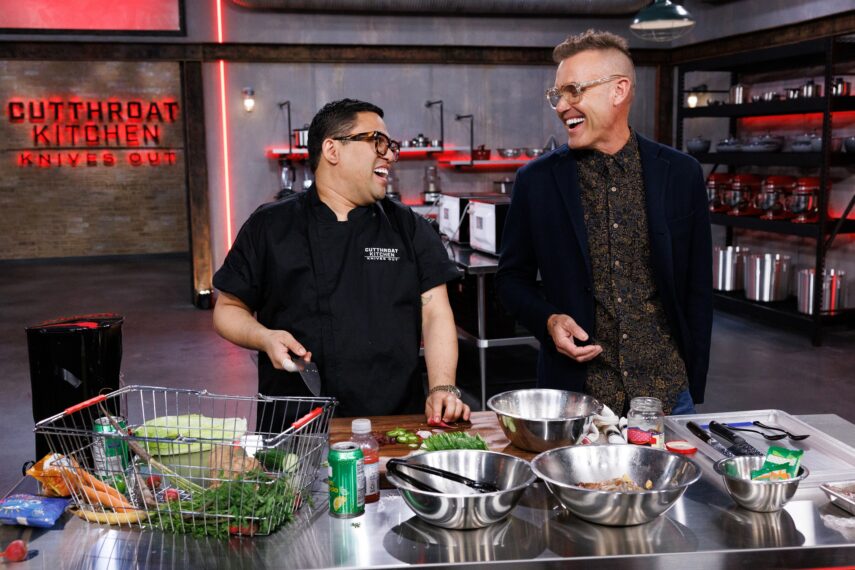 Host Brian Malarkey checks in on chef Arnold Myint as seen on Cutthroat Kitchen Knives Out OLYJ1A1A04_0070