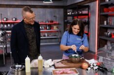 Host Brian Malarkey checks in on chef Leslie Raney Garetto as she season with salt packets as seen on Cutthroat Kitchen Knives Out OLYJ1A1A04_0071
