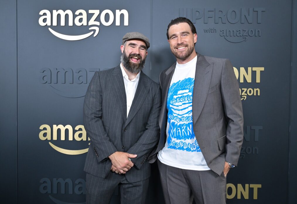 Jason Kelce and Travis Kelce attend Amazon's Upfront 2025 Presentation at Beacon Theatre on May 12, 2025 in New York City. (Photo by Slaven Vlasic/Getty Images for Amazon)