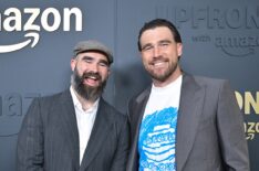 Jason Kelce and Travis Kelce attend Amazon's Upfront 2025 Presentation at Beacon Theatre on May 12, 2025 in New York City. (Photo by Slaven Vlasic/Getty Images for Amazon)