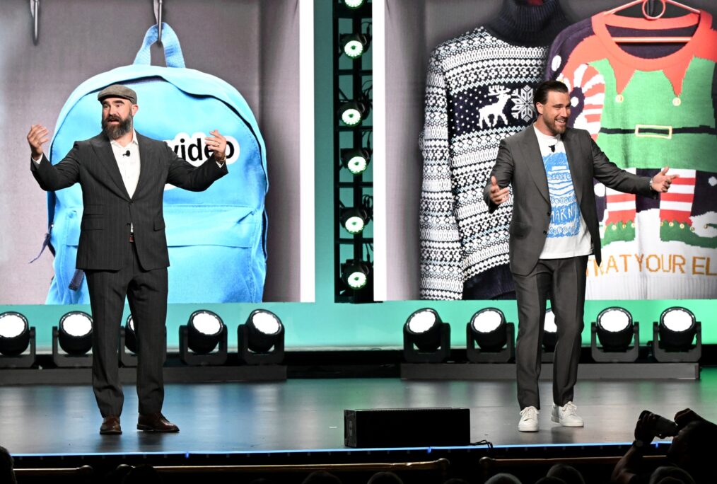Jason Kelce and Travis Kelce onstage during Amazon's Upfront 2025 Presentation at Beacon Theatre on May 12, 2025 in New York City. (Photo by Slaven Vlasic/Getty Images for Amazon)