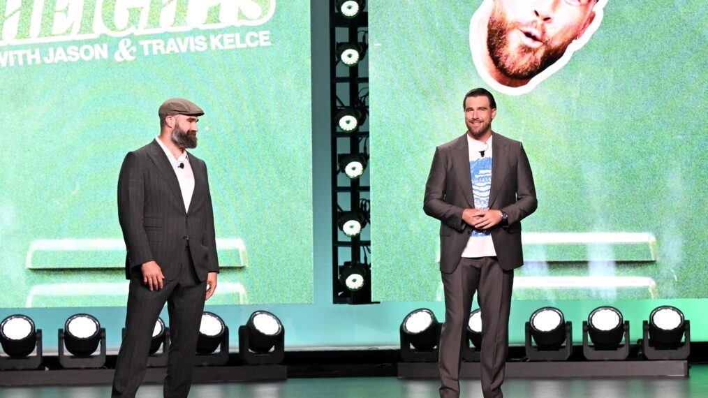 Jason Kelce and Travis Kelce onstage during Amazon's Upfront 2025 Presentation at Beacon Theatre on May 12, 2025 in New York City. (Photo by Slaven Vlasic / Getty Images for Amazon)