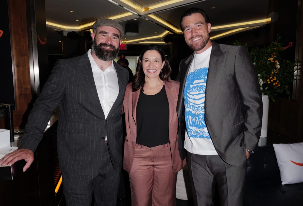 Jason Kelce, Jen Sargent, and Travis Kelce attend Amazon's Upfront 2025 Presentation at Beacon Theatre on May 12, 2025 in New York City. (Photo by Craig Barritt/Getty Images for Amazon)