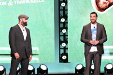Jason Kelce and Travis Kelce onstage during Amazon's Upfront 2025 Presentation at Beacon Theatre on May 12, 2025 in New York City. (Photo by Slaven Vlasic / Getty Images for Amazon)