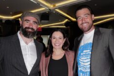 Jason Kelce, Jen Sargent, and Travis Kelce attend Amazon's Upfront 2025 Presentation at Beacon Theatre on May 12, 2025 in New York City. (Photo by Craig Barritt/Getty Images for Amazon)
