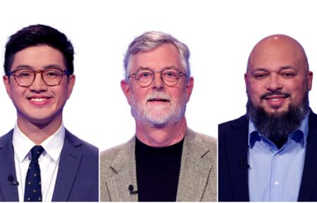 Jeopardy! players Brendan Liaw, Jim Carpenter, and David Crockett
