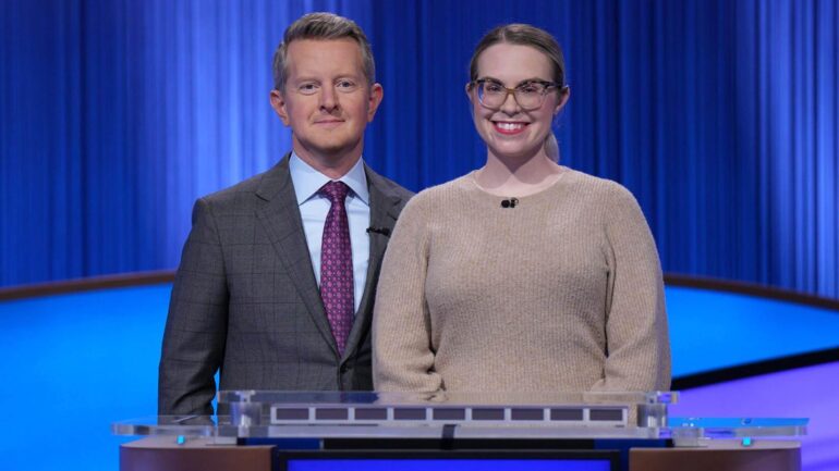 Jeopardy! contestant Kara Peruccio, with host Ken Jennings on May 9, 2025