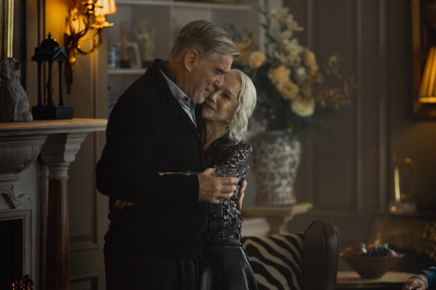 L-R Pierce Brosnan as Conrad Harrigan and Helen Mirren as Maeve Harrigan in MOBLAND, episode 6, season 1, Streaming on Paramount+ 2025. Photo Credit: Luke Varley/Paramount+