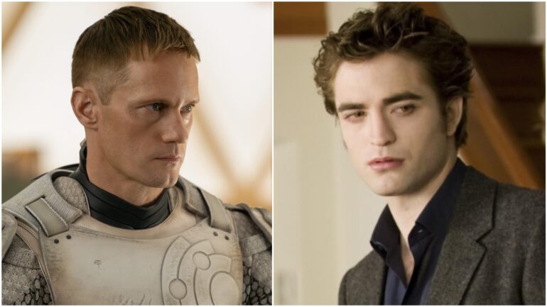 Alexander Skarsgard as Murderbot and Robert Pattinson as Edward Cullen