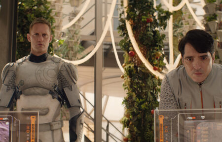 Alexander Skarsgard and David Dastmalchian in Murderbot