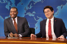 Anchor Michael Che and Bowen Yang as Chen Biao during Weekend Update on Saturday, April 12, 2025