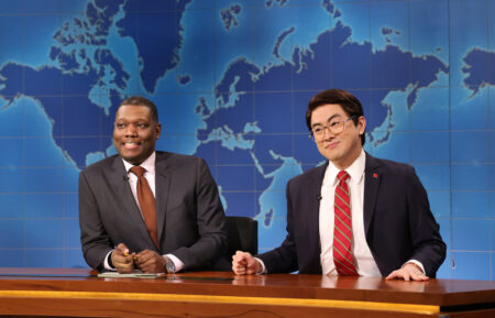 Anchor Michael Che and Bowen Yang as Chen Biao during Weekend Update on Saturday, April 12, 2025