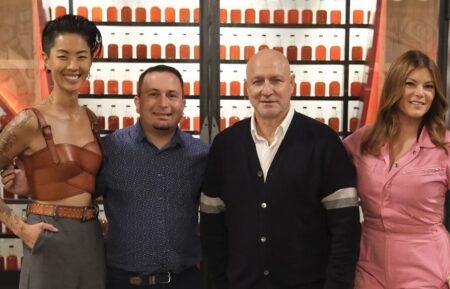 Kristen Kish, Scott Fishman for TV Insider, Tom Colicchio and Gail Simmons in Top Chef - Season 22