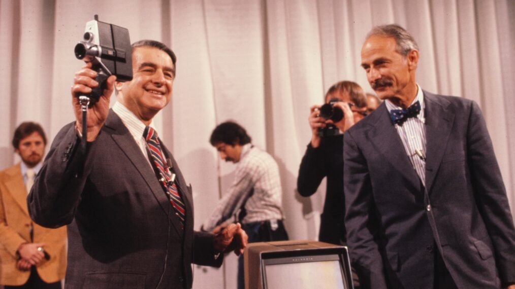 Edwin Land holding Polavision camera with Bill McCune as seen in 'Mr. Polaroid' on 'American Experience'