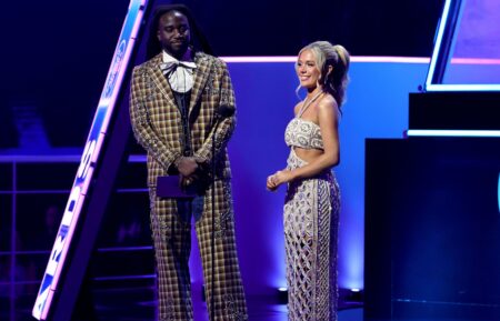 Shaboozey and Megan Moroney speak onstage during the 2025 American Music Awards at BleauLive Theater at Fontainebleau Las Vegas on May 26, 2025 in Las Vegas