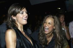 Supermodels Adrianne Curry and Tyra Banks attend the UPN 2003 Summer Press Tour