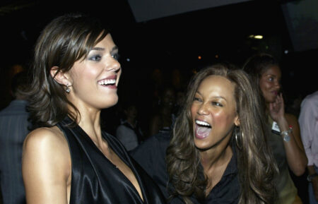 Supermodels Adrianne Curry and Tyra Banks attend the UPN 2003 Summer Press Tour