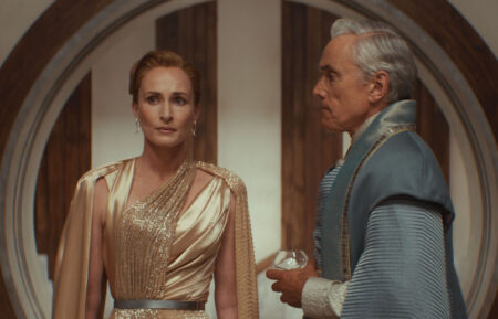Genevieve O'Reilly as Mon Mothma and Ben Miles as Tay Kolma in 'Andor' Season 2
