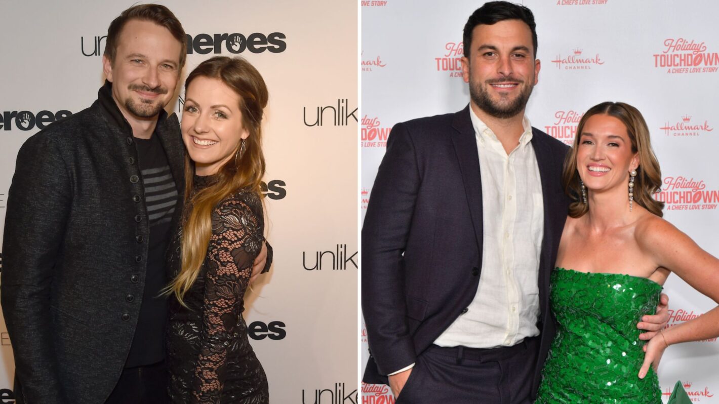Tanner Tolbert and Jade Roper attend Hallmark's Premiere Screening of Holiday Touchdown: A Chiefs Love Story, Evan Bass and Carly Waddell from TV show The Bachelor take photos on carpet for Unlikely Heroes